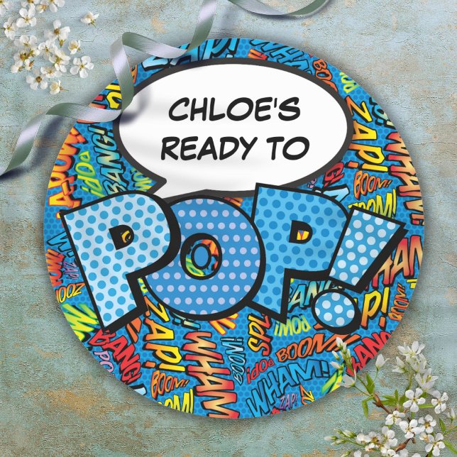 Ready to POP Blue Comic Book Baby Shower Sprinkle  Classic Round Sticker (Ready to POP Blue Comic Book Baby Shower Sprinkle Classic Round Sticker)