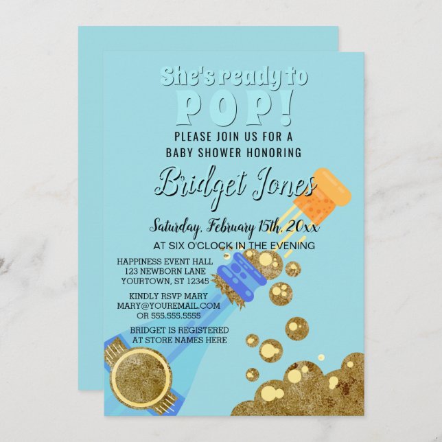 Ready to Pop Champagne Baby Blue Boy Shower Invitation (Front/Back)