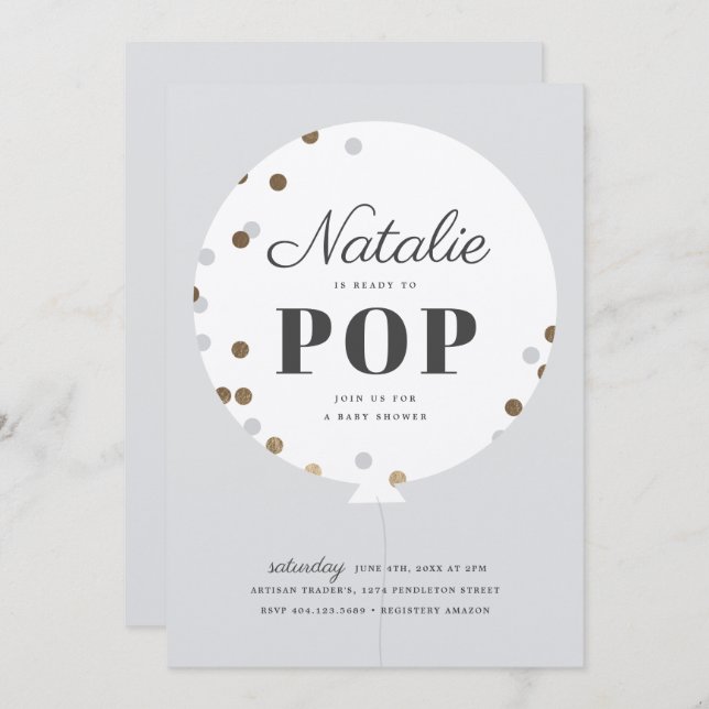 Ready to pop confetti balloon grey baby shower invitation (Front/Back)