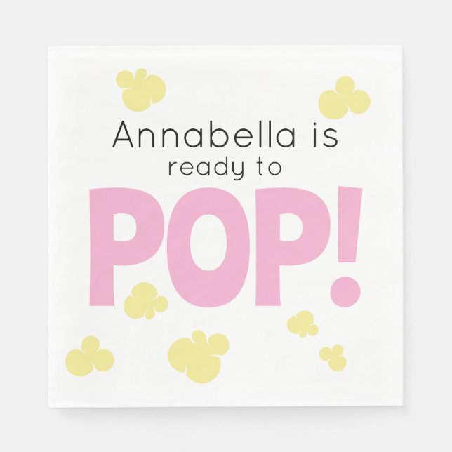 Ready to Pop Cute Girl Pink Popcorn Baby Shower Napkin (Front)
