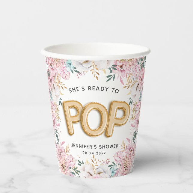 "Ready to Pop" Floral Baby Shower Balloons Paper Cups (Front)