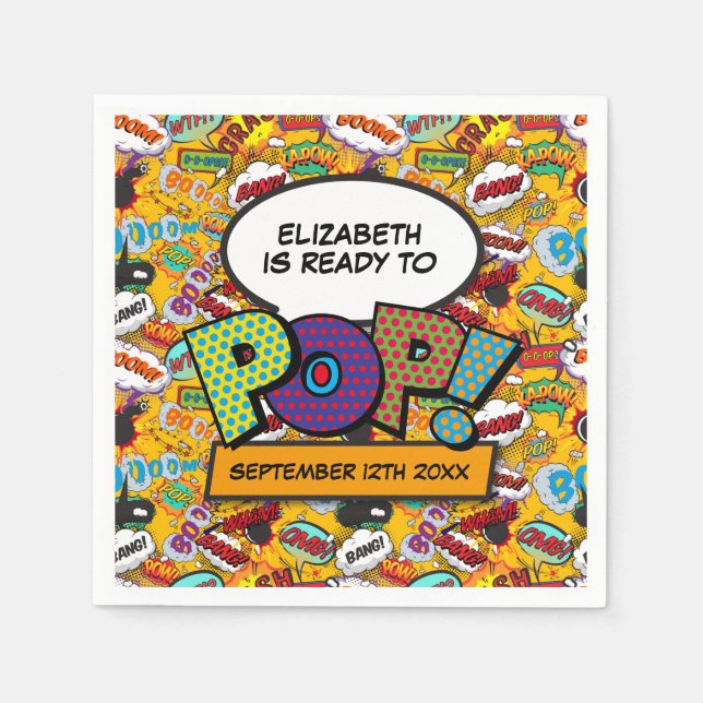 Ready To Pop Fun Modern Comic Book Baby Shower Napkin (Front)