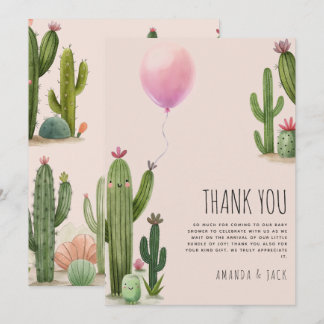 Ready to Pop Girl Balloon Cactus Green Baby Shower Thank You Card