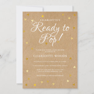 Ready To Pop Gold Hearts Baby Shower Rustic Kraft Invitation