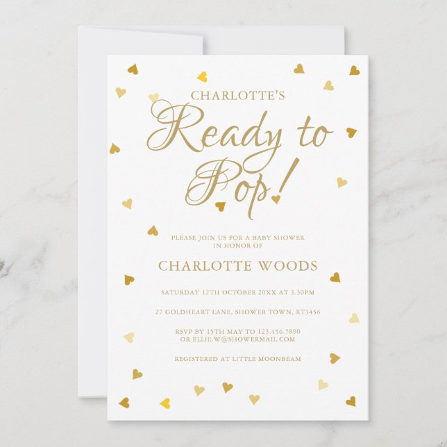 Ready to Pop Gold Hearts Baby Shower / Sprinkle Invitation (Front)