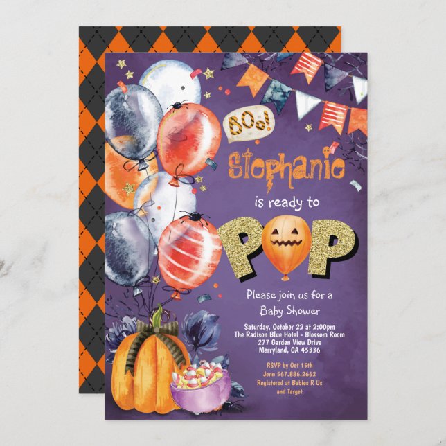 Ready to pop Halloween baby shower gender neutral Invitation (Front/Back)