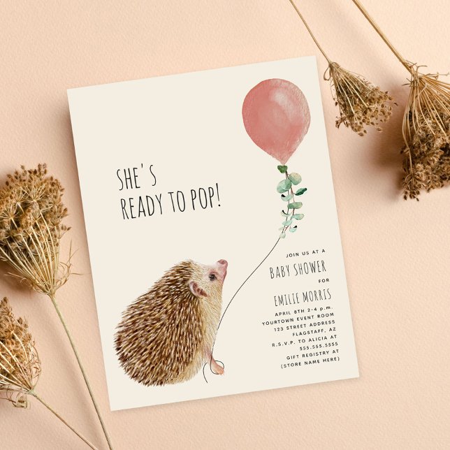 Ready to Pop Hedgehog Pink Balloon Baby Shower Invitation (Creator Uploaded)