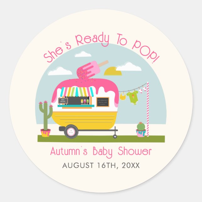 Ready To Pop Ice Pop Truck Camper Pink Baby Shower Classic Round Sticker (Front)