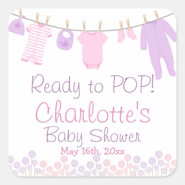 Ready To POP Lil Clothes Pink & Purple Baby Shower Square Sticker (Front)