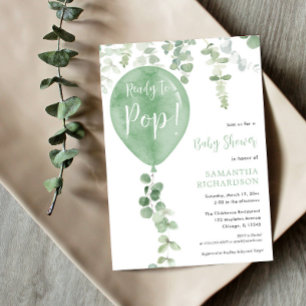 Ready to pop modern green balloon baby shower invitation