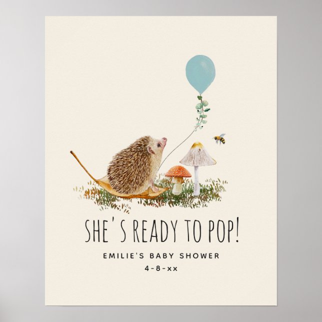 Ready to Pop Mushrooms Hedgehog Baby Shower Blue Poster (Front)