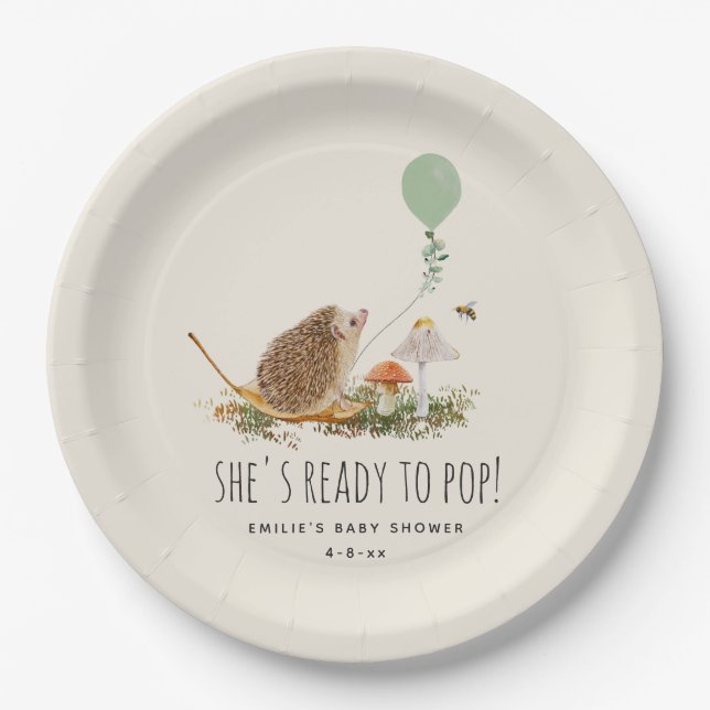 Ready to Pop Mushrooms Hedgehog Baby Shower Paper Plate (Front)