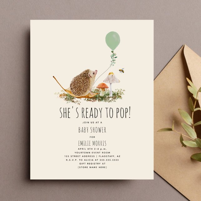 Ready to Pop Mushrooms Hedgehog Balloon Green Baby Invitation (Creator Uploaded)