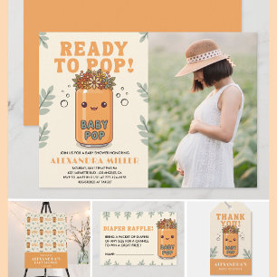 Ready to Pop Photo Apricot Sage Green Kawaii Invitation