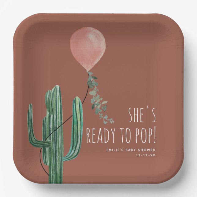 Ready to Pop Pink Balloon Cactus Girl Terracotta Paper Plate (Front)