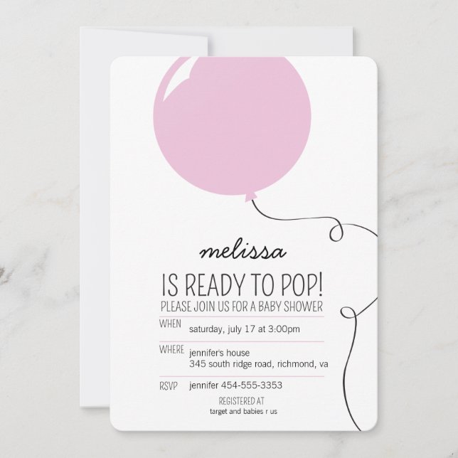 Ready to Pop Pink Balloon Girl Baby Shower Invite (Front)