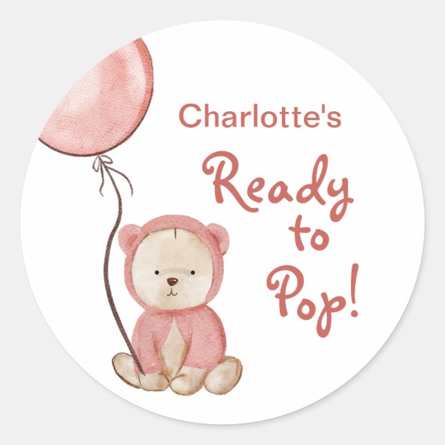 Ready to Pop Pink Bear Boho Baby Shower Classic Round Sticker (Front)