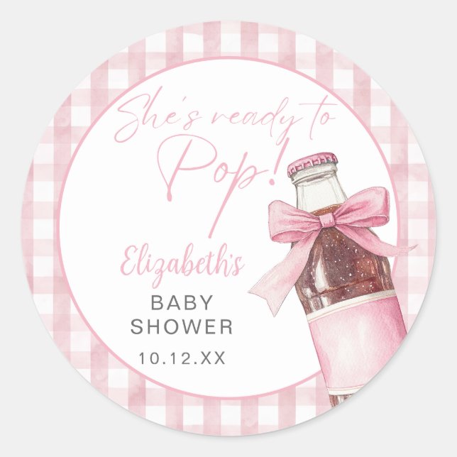 Ready To Pop Pink Bow Soda Bottle Baby Shower Classic Round Sticker (Front)