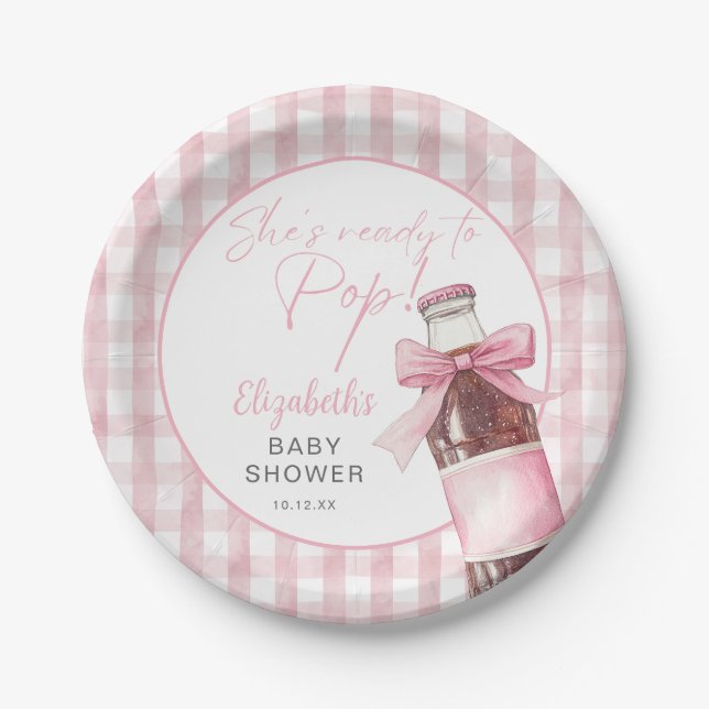 Ready To Pop Pink Bow Soda Bottle Baby Shower Paper Plate (Front)