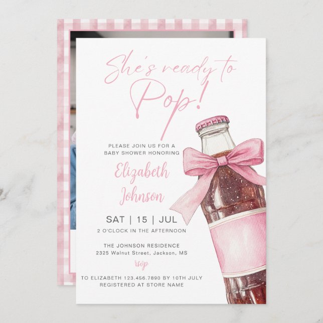 Ready To Pop Pink Soda Bottle Baby Shower Photo Invitation (Front/Back)