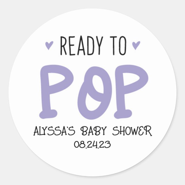Ready To Pop Purple Baby Shower Sticker (Front)