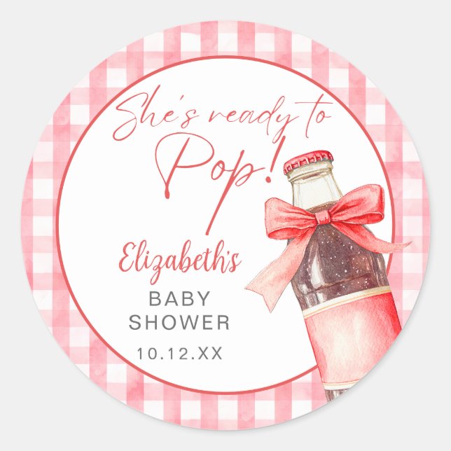 Ready To Pop Red Bow Soda Bottle Baby Shower Classic Round Sticker (Front)