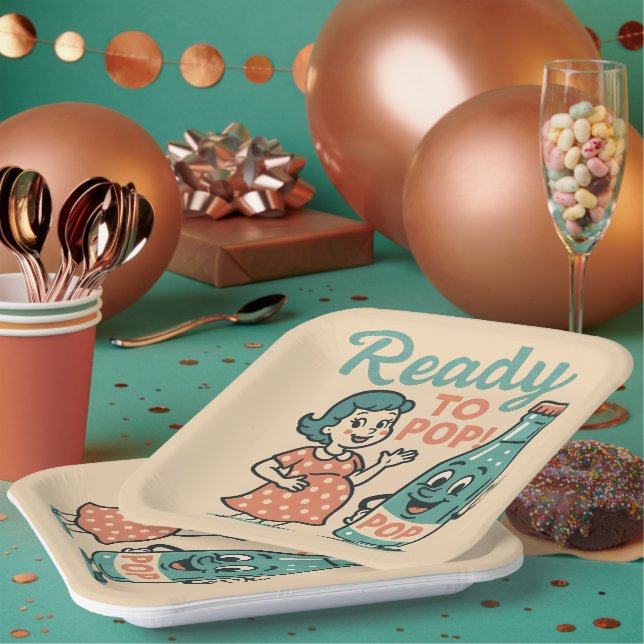 Ready to Pop Retro 1950s Maternity Baby Shower  Paper Plate (Multi)
