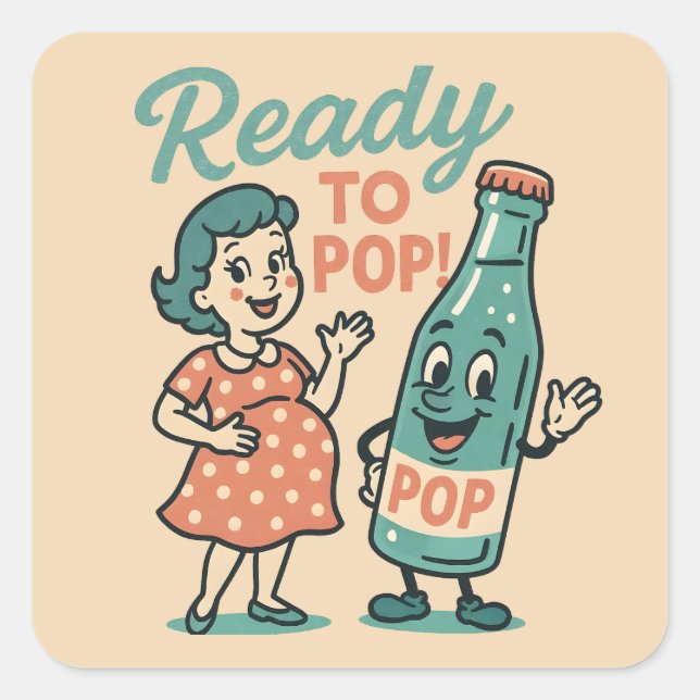 Ready to Pop Retro 1950s Maternity Baby Shower  Square Sticker (Front)