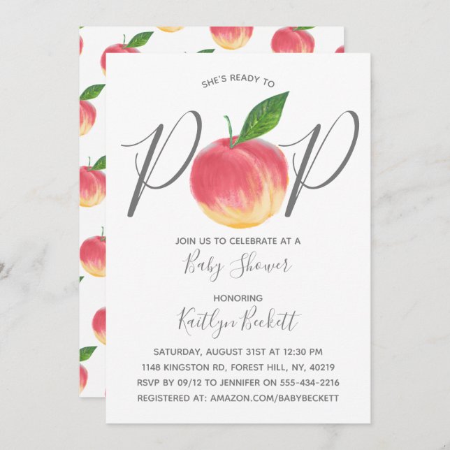 Ready To Pop Watercolor Peach Baby Shower Invitation (Front/Back)
