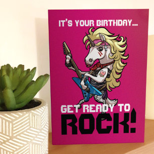 Ready To Rock! Hair Metal Glam Unicorn Cartoon Card