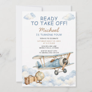 Ready to Take Off Vintage Aeroplane 4th Birthday Invitation