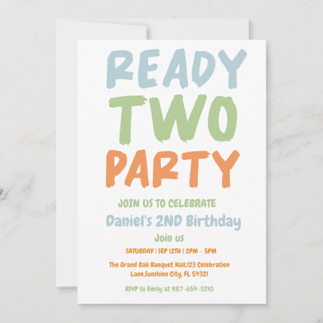 Ready Two Party, Boy Second Birthday Party Invitation (Front)