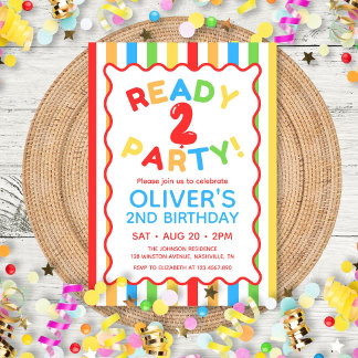 Ready Two Party Fun Colourful Striped 2nd Birthday Invitation