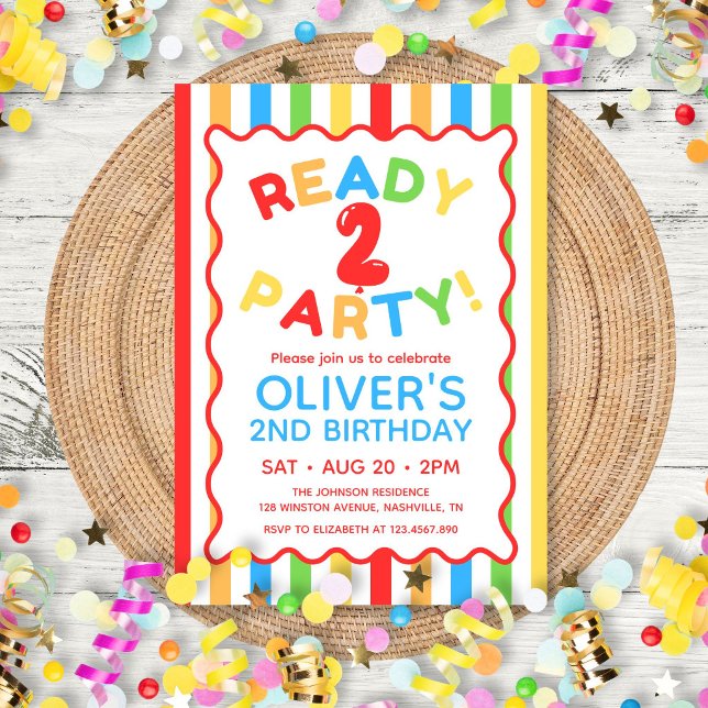 Ready Two Party Fun Colourful Striped 2nd Birthday Invitation (Ready Two Party Fun Colorful Striped 2nd Birthday Invitation)
