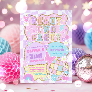 Ready Two Party Groovy Preppy Varsity 2nd Birthday Invitation