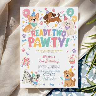 Ready Two Pawty Puppy Dog Theme 2nd Birthday Party Invitation