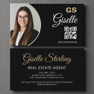 Real Estate Agent Black Gold Photo QR Code  Business Card