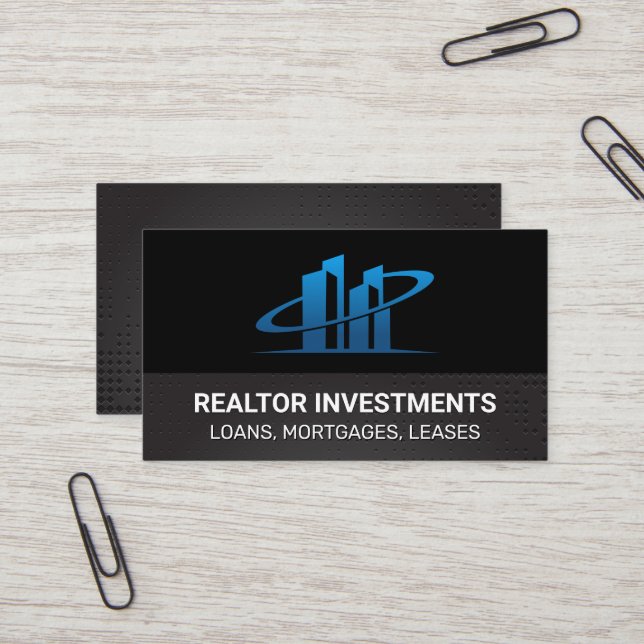 Real Estate Agent Blue Logo | Metallic Background Business Card (Front/Back In Situ)