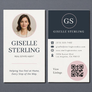 Real Estate Agent Blush & Navy Photo QR Code  Business Card