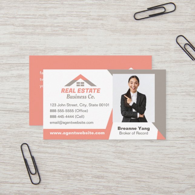 Real Estate Agent Business Card in Coral Pink (Front/Back In Situ)