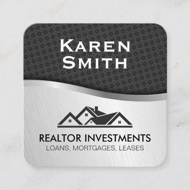 Real Estate Agent Carbon Fibre Metallic Square Business Card (Front)