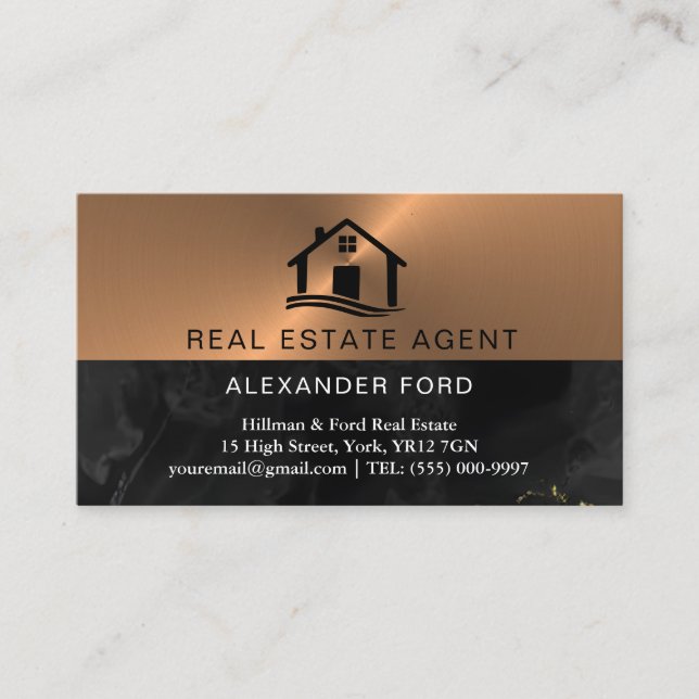Real Estate Agent copper Metallic Gold Marble  Business Card (Front)