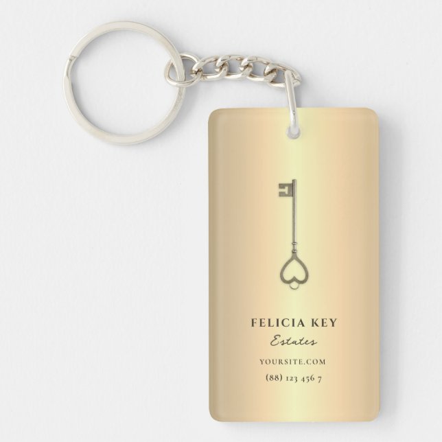 Real Estate Agent Custom Name Gold Key Logo QR Key Ring (Front)