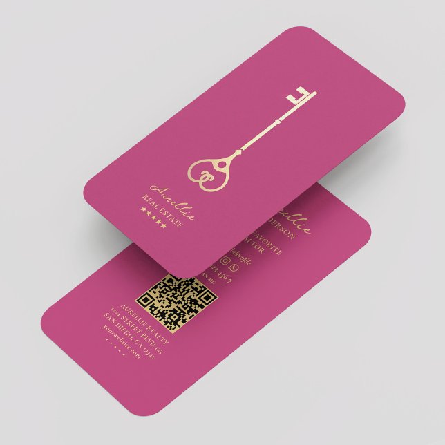 Real Estate Agent Elegant Pink Gold Key Modern  Business Card (Real Estate Agent Elegant Pink Gold Key Modern Business Card
)