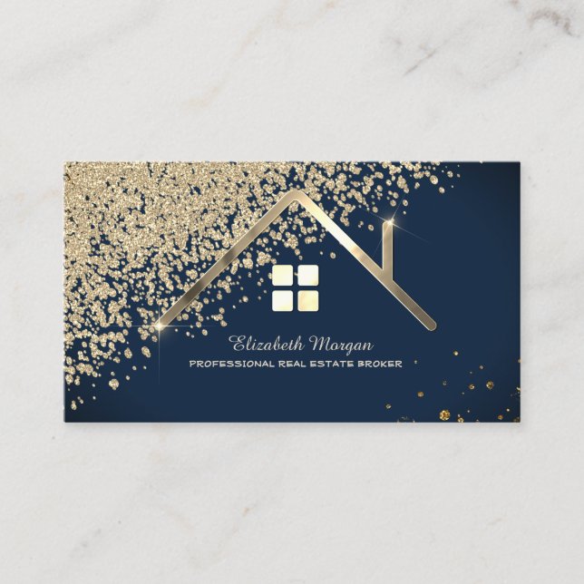 Real Estate Agent Gold House Diamonds Navy Blue Business Card (Front)