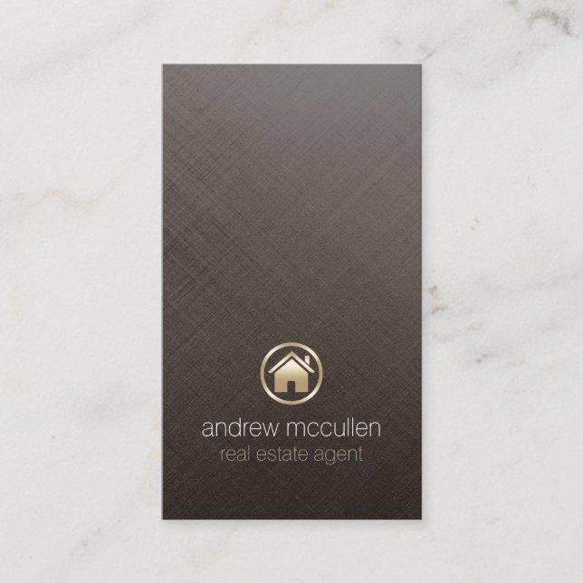 Real Estate Agent Gold House Icon Brushed Metal Business Card (Front)