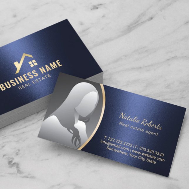 Real Estate Agent Gold House Logo Navy Blue Photo Business Card (Creator Uploaded)