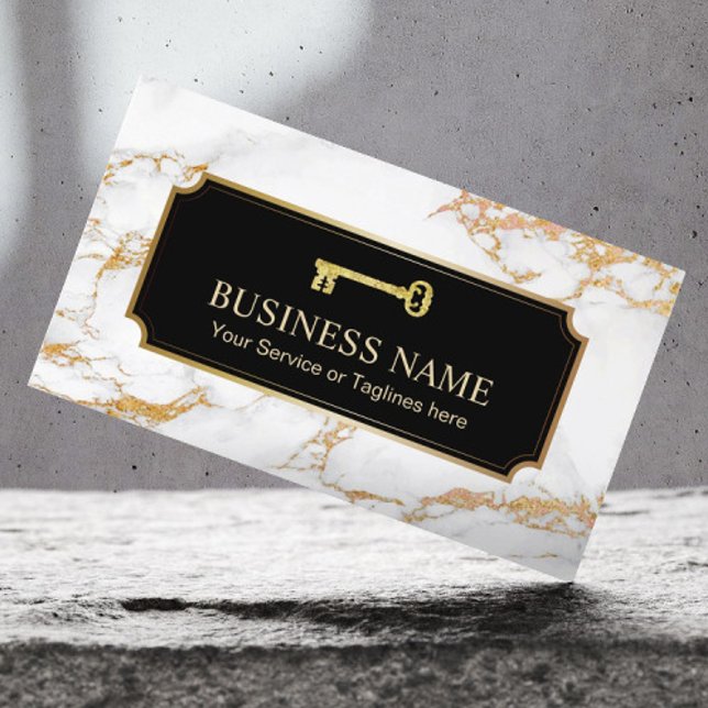 Real Estate Agent Gold Key Logo Modern Marble Business Card (Creator Uploaded)