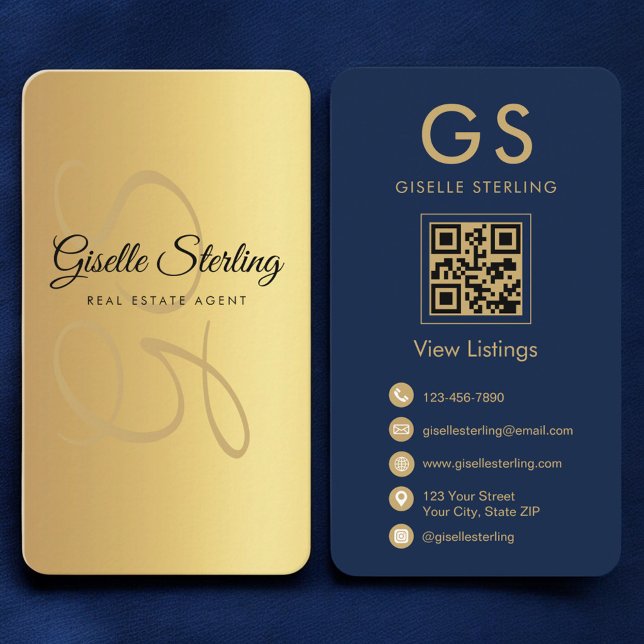 Real Estate Agent Gold Navy Blue QR Code Monogram  Business Card (Creator Uploaded)