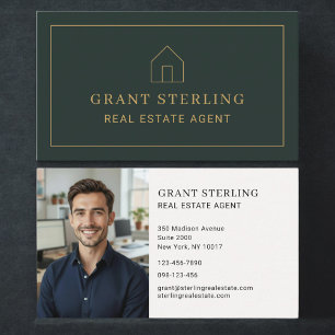 Real Estate Agent Green Gold House Photo Minimal Business Card
